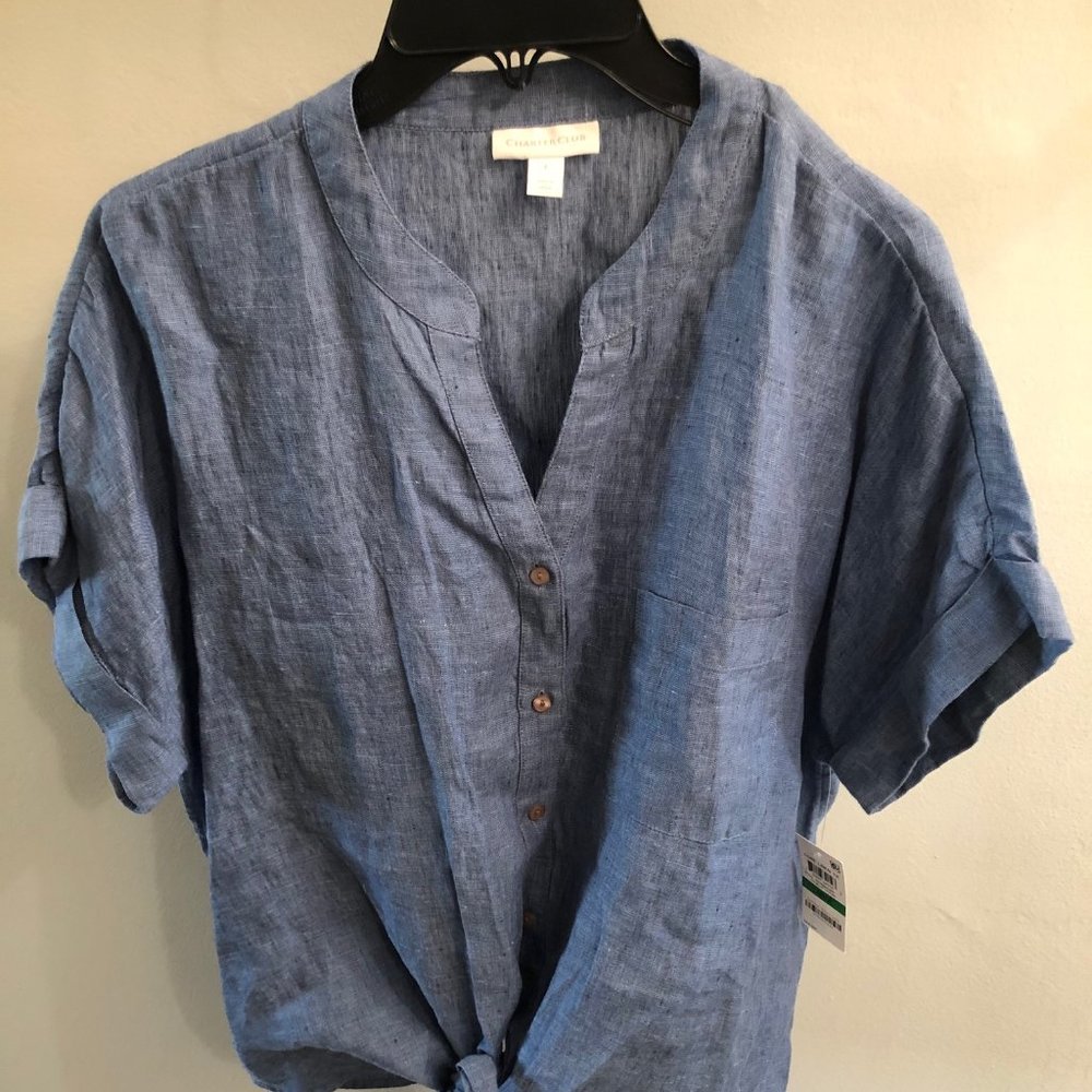 Charter Club Linen Tie-Front Button-Up Shirt